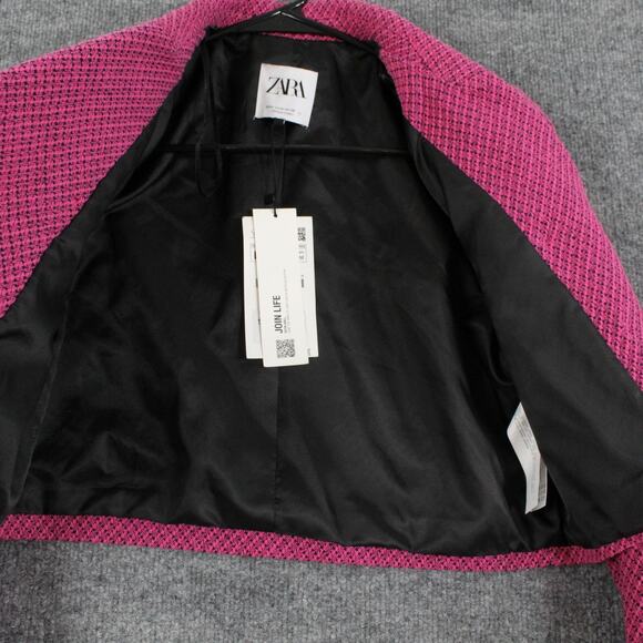 Zara Blazer Womens Medium Pink Tweed Cropped Double Breasted Gold Button Jacket - Picture 6 of 11